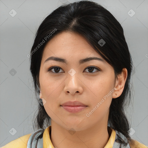 Neutral asian young-adult female with medium  black hair and brown eyes