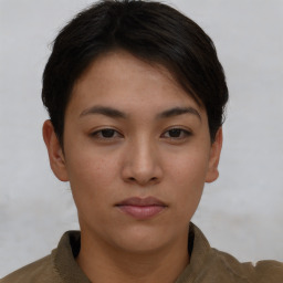 Neutral asian young-adult female with short  brown hair and brown eyes