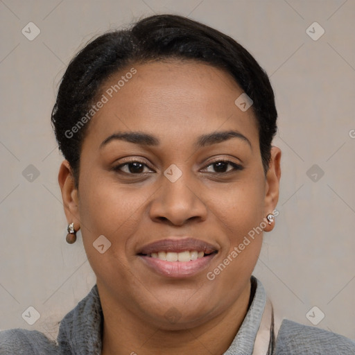 Joyful latino young-adult female with short  brown hair and brown eyes