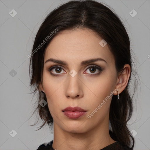 Neutral white young-adult female with medium  brown hair and brown eyes