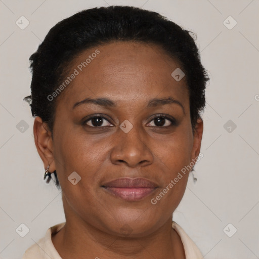 Joyful black adult female with short  brown hair and brown eyes