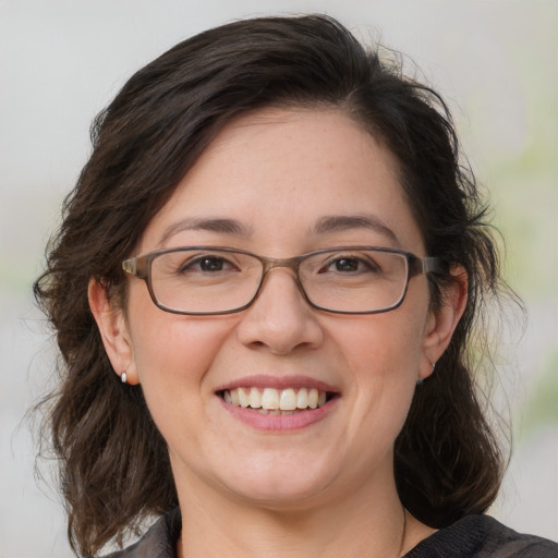 Joyful white adult female with medium  brown hair and grey eyes