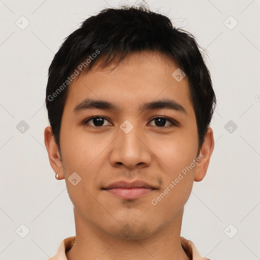 Neutral asian young-adult male with short  black hair and brown eyes