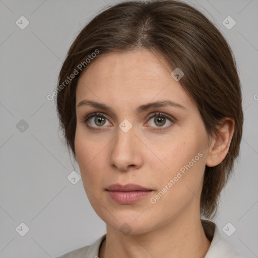 Neutral white young-adult female with medium  brown hair and brown eyes