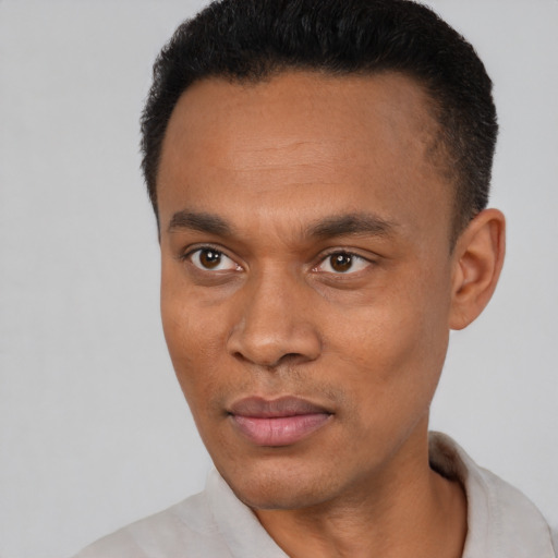 Joyful black young-adult male with short  black hair and brown eyes