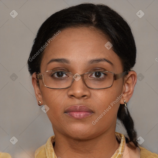 Neutral asian young-adult female with medium  brown hair and brown eyes