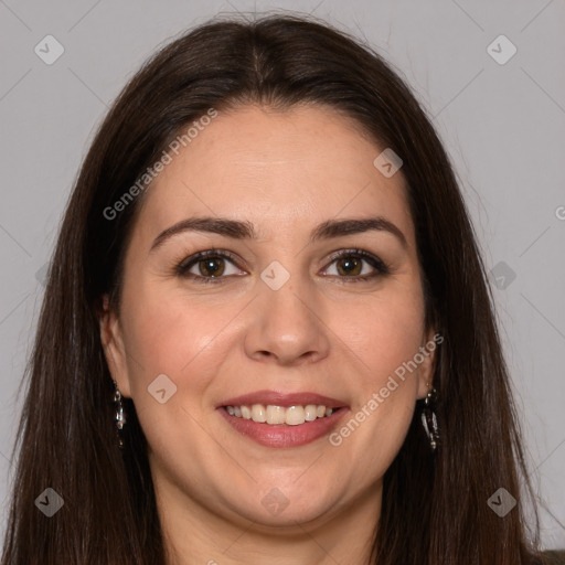 Joyful white young-adult female with long  brown hair and brown eyes