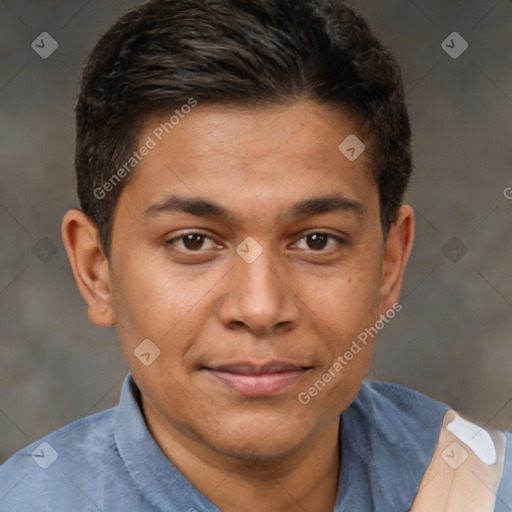 Joyful latino young-adult male with short  brown hair and brown eyes