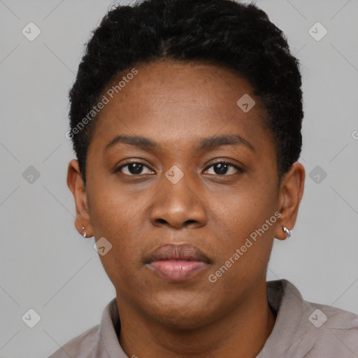 Neutral black young-adult female with short  black hair and brown eyes