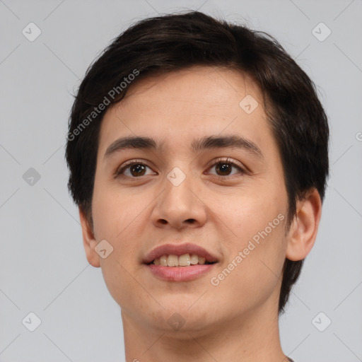 Joyful white young-adult female with short  brown hair and brown eyes