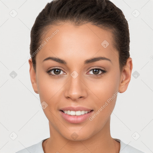 Joyful white young-adult female with short  brown hair and brown eyes