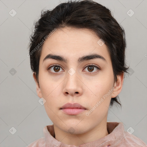 Neutral white young-adult female with medium  brown hair and brown eyes