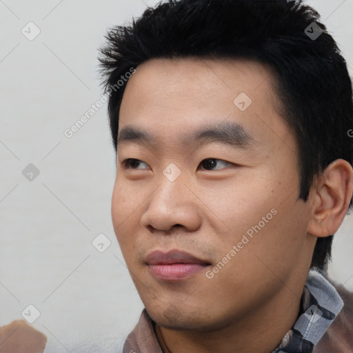 Neutral asian young-adult male with short  black hair and brown eyes