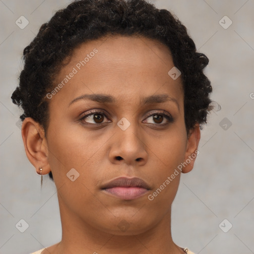 Neutral black young-adult female with short  brown hair and brown eyes