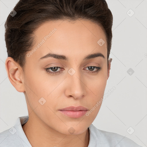 Neutral white young-adult female with short  brown hair and brown eyes