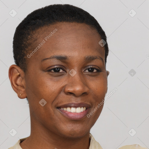 Joyful black young-adult female with short  brown hair and brown eyes