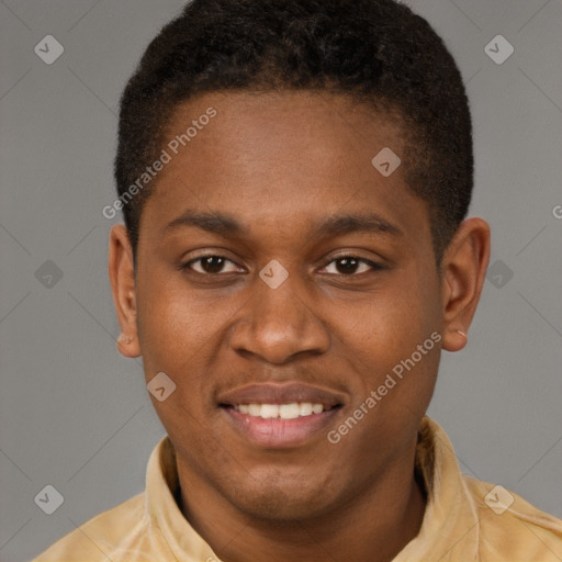 Joyful latino young-adult male with short  brown hair and brown eyes