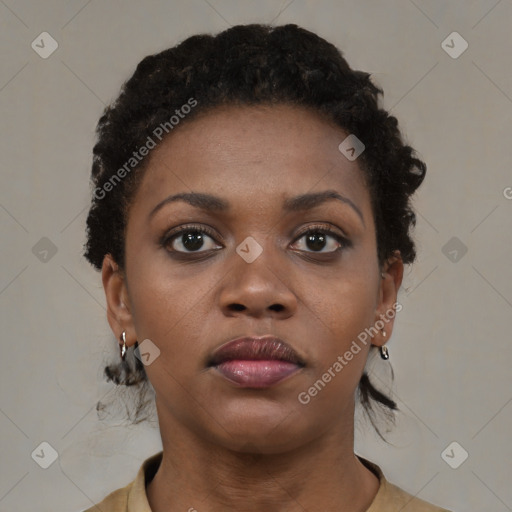 Neutral black young-adult female with short  brown hair and brown eyes