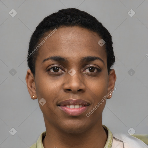 Joyful black young-adult female with short  black hair and brown eyes