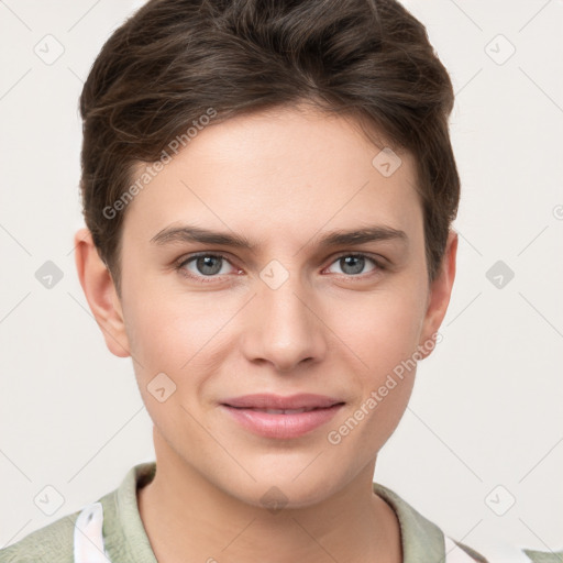 Joyful white young-adult female with short  brown hair and grey eyes