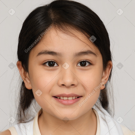 Joyful white child female with medium  brown hair and brown eyes