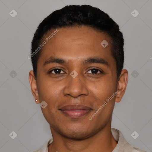 Joyful black young-adult male with short  black hair and brown eyes