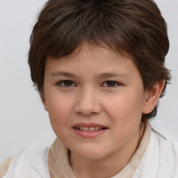 Joyful white child female with short  brown hair and brown eyes