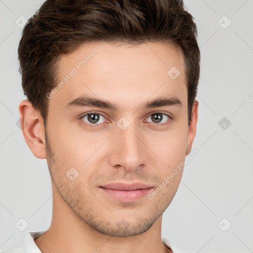 Neutral white young-adult male with short  brown hair and brown eyes