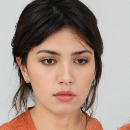 Neutral asian young-adult female with medium  brown hair and brown eyes