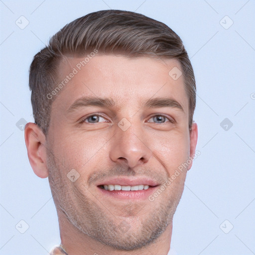 Joyful white young-adult male with short  brown hair and grey eyes