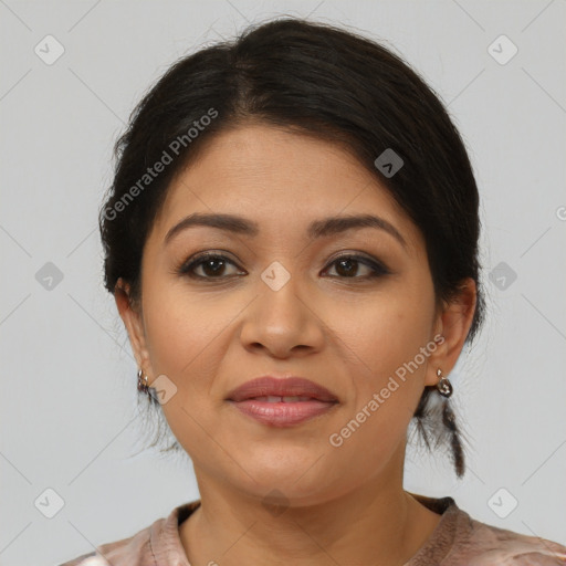 Joyful latino young-adult female with medium  brown hair and brown eyes