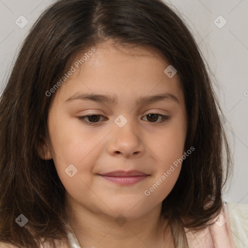 Joyful white child female with medium  brown hair and brown eyes