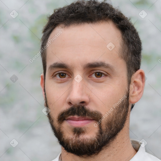 Neutral white young-adult male with short  brown hair and brown eyes