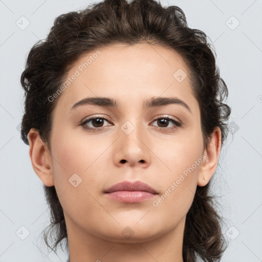 Neutral white young-adult female with medium  brown hair and brown eyes