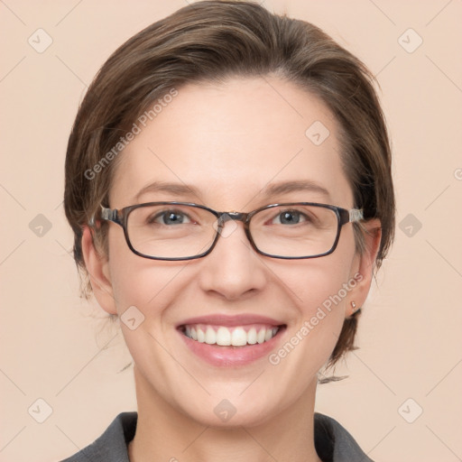 Joyful white young-adult female with medium  brown hair and grey eyes