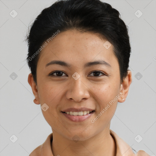 Joyful asian young-adult female with short  brown hair and brown eyes