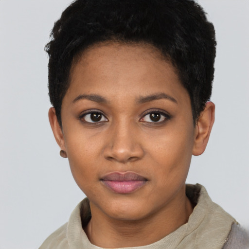 Neutral black young-adult female with short  black hair and brown eyes