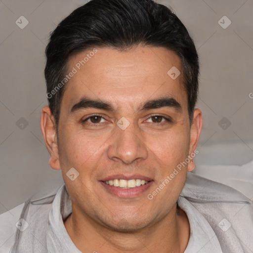 Joyful white adult male with short  brown hair and brown eyes