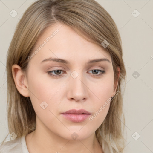 Neutral white young-adult female with long  brown hair and grey eyes