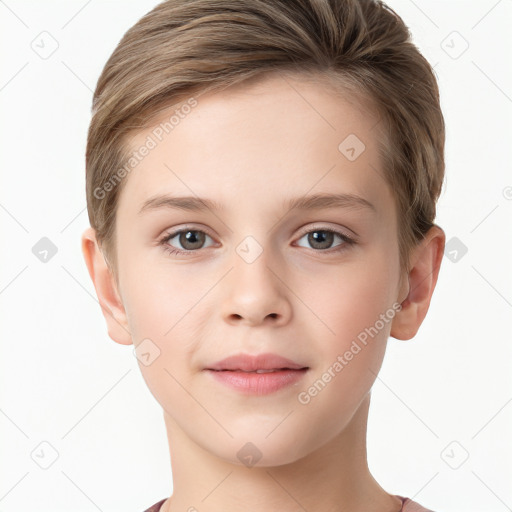 Joyful white child female with short  brown hair and grey eyes