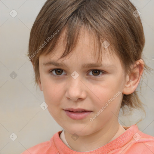 Joyful white child female with medium  brown hair and brown eyes