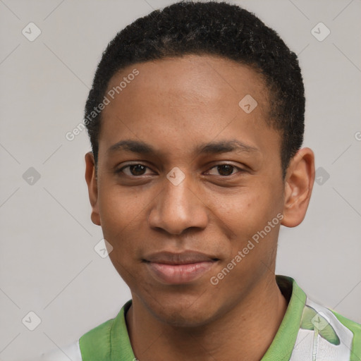 Joyful black young-adult male with short  black hair and brown eyes