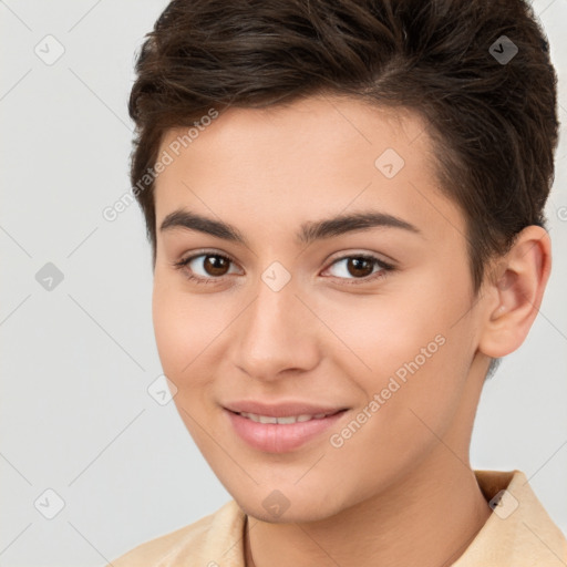 Joyful white young-adult female with short  brown hair and brown eyes