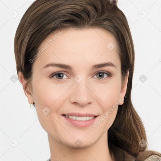 Joyful white young-adult female with long  brown hair and grey eyes