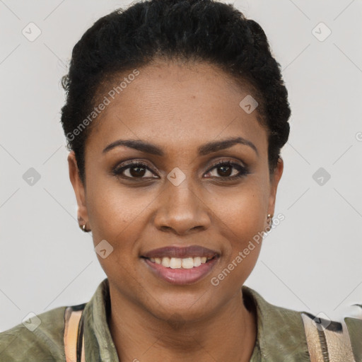 Joyful black young-adult female with short  brown hair and brown eyes