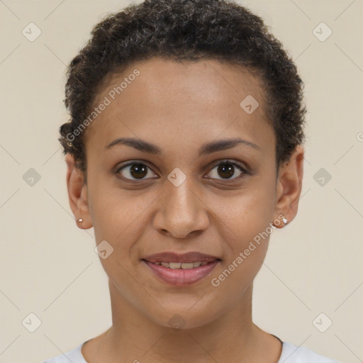 Joyful latino young-adult female with short  brown hair and brown eyes