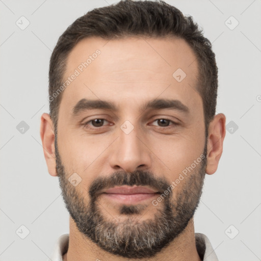 Joyful white young-adult male with short  brown hair and brown eyes