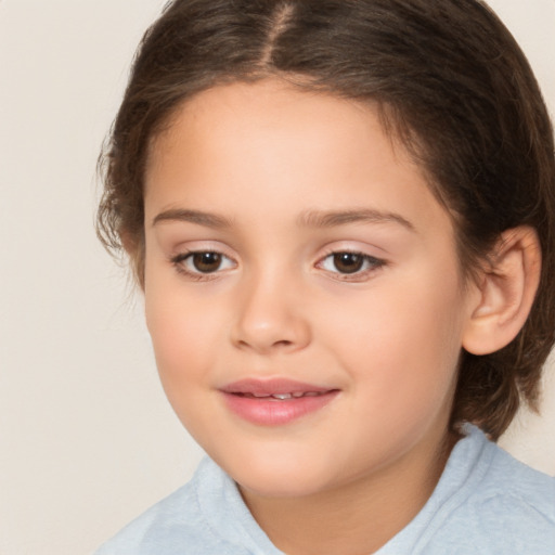 Joyful white child female with medium  brown hair and brown eyes