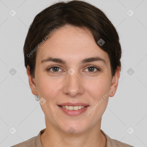 Joyful white young-adult female with short  brown hair and brown eyes