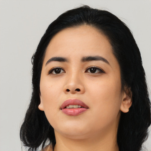 Neutral asian young-adult female with long  black hair and brown eyes
